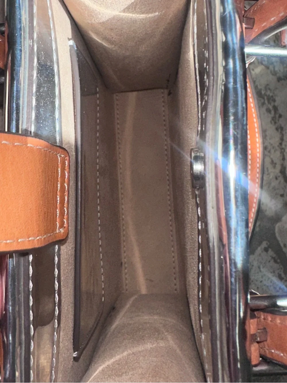Tory Burch Silver Mirror Mini Tote with Tan Leather Trim